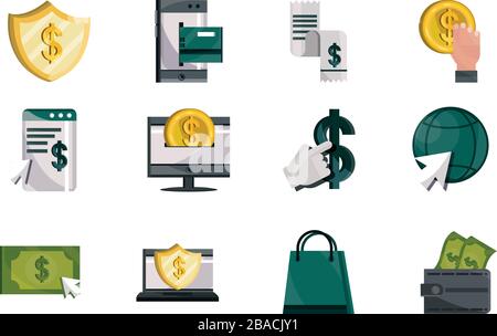 Online-Zahlungen, Money Finance Commerce-Technologie-Symbole setzen Vektorgrafiken flacher Symbolschatten Stock Vektor