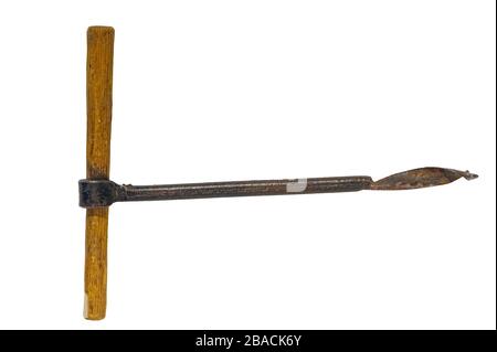 Klassischer Holzhandbohrer. Isoliert auf weißem Hintergrund. Stockfoto