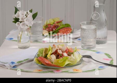 Sommerlicher Hummersalat auf Glasplatten. Stockfoto