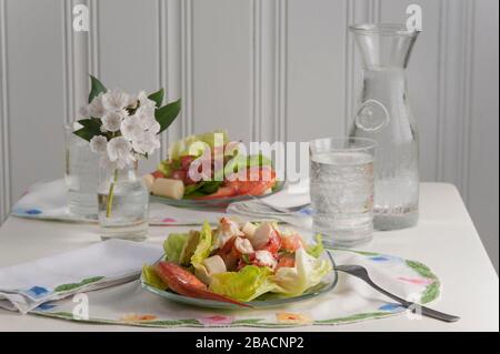 Sommerlicher Hummersalat auf Glasplatten. Stockfoto