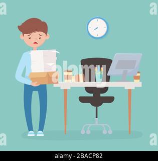 Gestresster Mitarbeiter mit vielen Papieren und Schachteln im Büro Frustration Stress Vector Illustration Stock Vektor