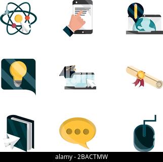 Online-Ausbildung Studium Technologie Schulsymbole setzen Vektor-Illustration isolierter Symbolschatten Stock Vektor