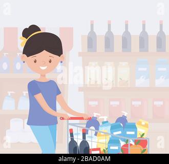 Frau Cartoon mit vollem Wagen im Supermarkt Lebensmittel Horden Überschuss Kauf Vektor Illustration Stock Vektor