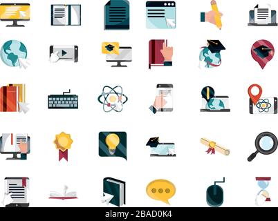 Online-Ausbildung Studium Technologie Schulsymbole setzen Vektor-Illustration isolierter Symbolschatten Stock Vektor
