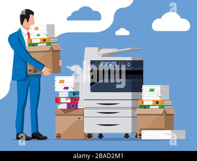Betonte Unternehmer mit Haufen von Bürodokumenten Stock Vektor
