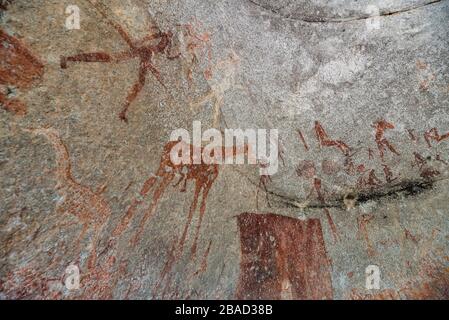 San-Felskunst in der Silozwane Höhle, Matobo National Park, Simbabwe. Stockfoto