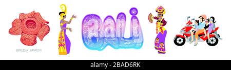 Set mit 5 Symbolen von Bali Island Indonesia, - Rafflesia Blume, bali Tänzerinnen, Familie auf einem Moped und Handbeschriftung Aufschrift Bali Stock Vektor