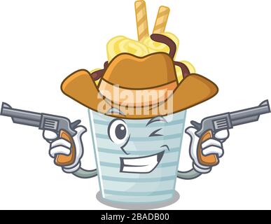 Lustige Eiscreme Banane rollt als Cowboy-Zeichentrickfigur, die Waffen hält Stock Vektor