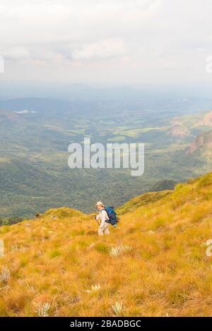 Ein Wanderer, der auf dem Turaco-Pfad in den östlichen Highlands Simbabwes zu sehen ist. Stockfoto