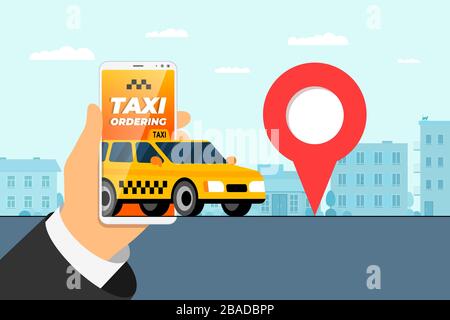 Taxi bestellen Service App Konzept. Hand hält Smartphone mit Geotag gps Position PIN Ankunft Adresse auf der Stadt Straße und gelb Taxi. Online holen taxicab Anwendung flache Vektor eps Illustration Stock Vektor