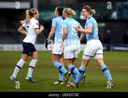 Manchester City Ellen White (rechts) feiert mit Teamkollegen das zweite Tor seiner Seite Stockfoto