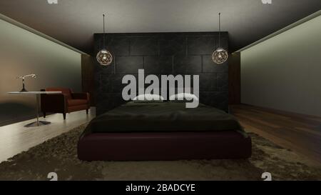 3D-Illustration des modernen Innendesigns im Schlafzimmer. 3D-Rendering Stockfoto