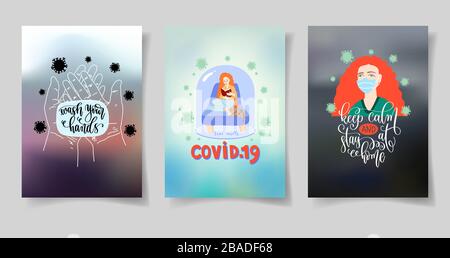 Set mit 3 Postern mit Handbeschriftung, Coronavirus Quarantäne Motivationsphrase, Kovid 19 Stock Vektor