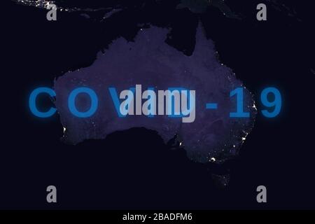 Coronavirus Disease - glühendes COVID-19-Zeichen auf der Karte von Australien - Elemente dieses Bildes, das von der NASA eingerichtet wurde Stockfoto