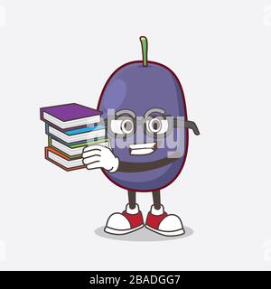 Ein Bild von Java Plum Cartoon-Maskottchen-Charakter, das mit einigen Büchern studiert Stockfoto