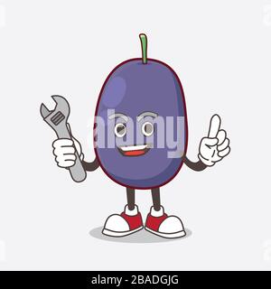 Ein Bild von Java Plum Cartoon-Maskottchen-Charakter als glücklicher Mechaniker Stockfoto