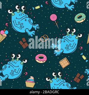 Cartoon, süßer dreiäugiger blauer außerirdischer Glutton im All umgeben von verschiedenen Süßigkeiten. Sternenhimmel Hintergrund, nahtloses Farbvektormuster. Stock Vektor