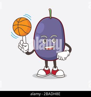 Ein Bild von Java Plum Cartoon-Maskottchen-Charakter mit einem Basketball Stockfoto