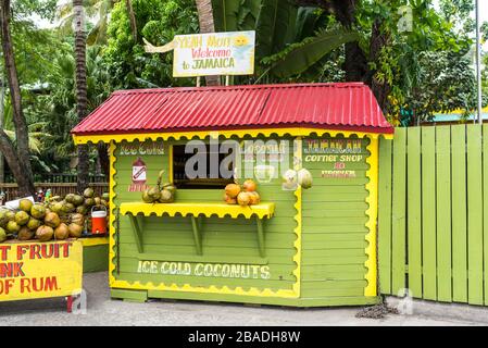 Ocho Rios, Jamaika - 22. April 2019: Eiskalte Kokosnuss-Fruchtsgetränke mit Rum-Stall/Eck-Shop in Rasta-Farben am Kreuzfahrthafen Ocho Rios in der Stockfoto