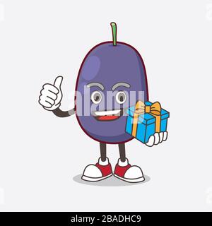 Ein Bild von Java Plum Cartoon-Maskottchen-Figur mit Geschenk Stockfoto