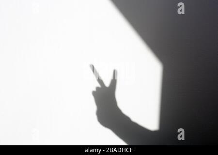 Silhouette Schattenhand mit einem Friedenszeichen an der weißen Wand, isoliert zu Hause Stockfoto