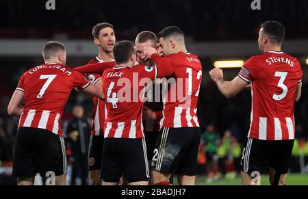 Oliver McBurnie von Sheffield United feiert das erste Tor seiner Seite Stockfoto