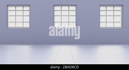 Leerer Raum mit Fenstern an der blauen Wand und gefliestem Boden. Loft Inneneinrichtung mit Leerstellen für Heim- oder Büroräume. 3D-Abbildung Stockfoto