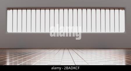 Leeres Zimmer mit großem Fenster an weißer Wand und Fliesenboden. Loft Inneneinrichtung mit Leerstellen für Heim- oder Büroräume. 3D-Abbildung Stockfoto