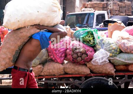 Colombo, Sri Lanka. März 2020. Ein Portier arbeitet am 26. März 2020 auf einem Markt in Colombo, Sri Lanka. Sri Lankas Hauptstadt Colombo, Gampaha und Kalutara blieben unter einer unbestimmten Ausgangssperre, um die Ausbreitung des Virus zu verhindern, während die Ausgangssperre in den übrigen Gebieten am Donnerstag einige Stunden aufgehoben und um 14:00 Uhr Ortszeit wieder auferlegt wurde. Der Öffentlichkeit wurde das Verlassen ihres Wohnheims untersagt, während die Regierung ein Programm gestartet hat, um alle wichtigen Gegenstände einschließlich Lebensmittel an Türsteher zu liefern. Kredit: Gayan Sameera/Xinhua/Alamy Live News Stockfoto