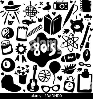 Achtziger. Schwarz-weiß lustiger Satz von Cartoon-Aufklebern und -Symbolen im Doodle-Stil. Aufkleber, Symbole, Emoji, Stifte oder Flecken im Comic-Stil der 80er Jahre Stock Vektor