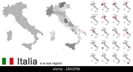 Silhouetten des europäischen Landes Italien und der Regionen Stock Vektor