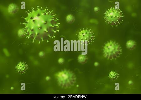 Mikroskopische Ansicht der grünen Coronavirus Zellen in Flüssigkeiten. Pathogenausbruch von COVID 19 beim Menschen. Gefährliche pandemische Pneumonie. Medizinisches Konzept Stockfoto