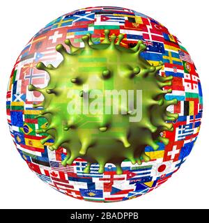 Covid-19-Ausbruch oder Roman Coronavirus, 2019-nCoV, Zelle auf Virus der Weltflaggen. Covid 19-NCP-Virus: Ansteckung und Ausbreitung einer Krankheit im gesamten Stockfoto