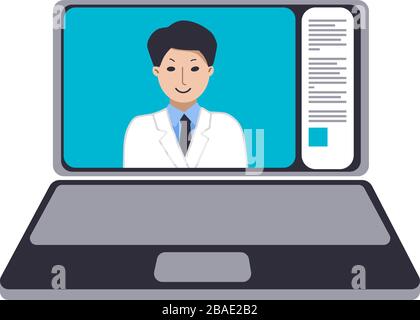 Arzt auf Laptop-Bildschirm rät zu Hause. Medizin im Internet. Webinare, Beratung und Schulung zu Videokonferenzen. Vektor-flache Konstruktionszeichnung. Stock Vektor