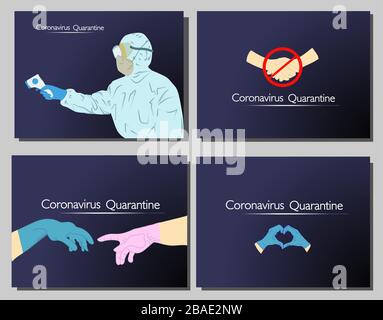 Coronavirus in der Welt. Satz Quarantäneplakate. Neuer Coronavirus 2019-nKoV, ein Mann in einer weißen medizinischen Maske und Schutzanzug. Stock Vektor