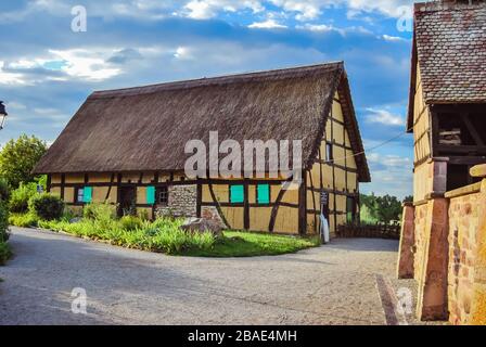 Ecomuseum des Elsaß, lebendiges Museum im Freien, Präsentation von Handwerkern und traditionellen Häusern eines Dorfes. L'éco musée d'Alsace Stockfoto