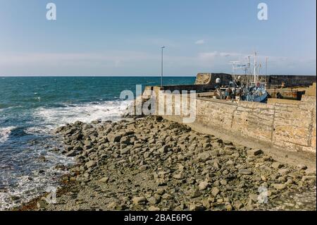 Tiefseeschleppnetzfischern dockten im Hafen von Macduff, Schottland, Großbritannien. Stockfoto