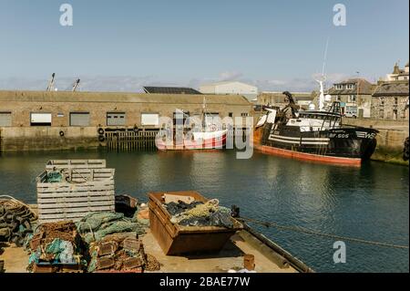 Nordseeregler dockten im Hafen in Macduff, Schottland, Großbritannien. Stockfoto