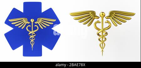 Das medizinische Symbol "caduceus" wurde auf weißem Hintergrund isoliert. Symbol "Caduceus". Konzept für Gesundheitsmedizin und Lifestyle. Caduceus Schild mit Schlangen auf einem medizinischen Stern. 3D-Rendering Stockfoto