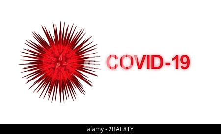 Abbildung der Covid-19-Virusstruktur mit Text über weißem Hintergrund - Konzeptbild der globalen Gesundheitsandemie mit Kopierbereich für Text. Stockfoto