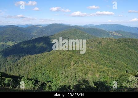 Blick auf die Landschaft vom Ballon d'Alsace, Grand Balloon, einem Gipfel in den Vogesen, Oberrhein in Frankreich Stockfoto