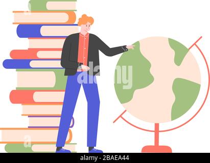 Lehrer neben einem Stapel Bücher und einem Globus. Stock Vektor