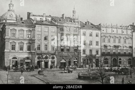 Retro-Foto von Lemberg, alte Stadthäuser auf dem Markt Stockfoto