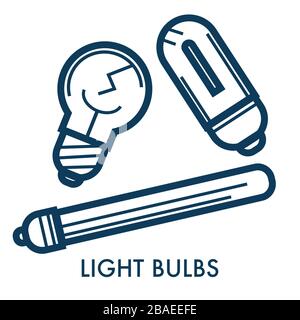 Glühbirnen verschiedener Typen, elektrische Lampen sind eingestellt Stock Vektor