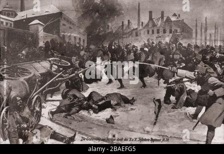 Der erste Weltkrieg. Ostfront. Der Angriff des österreichischen Infanterieregiments auf Petrikau (eine Stadt in Mittelpolen). Stockfoto