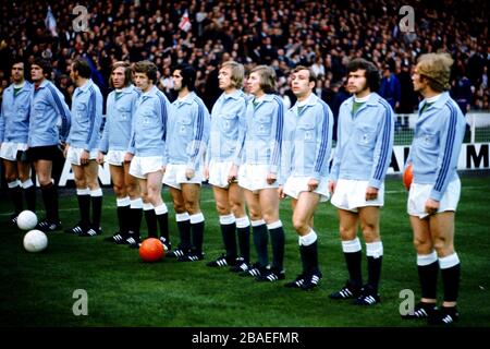 Westdeutsche Mannschaftsgruppe (L-R): Franz Beckenbauer, Sepp Maier, Georg Schwarzenbeck, Gunter Netzer, Herbert Wimmer, Gerd Muller, Siggi Held, Jurgen Grabowski, Horst-Dieter Hottges, Paul Breitner, Uli Hoeness Stockfoto