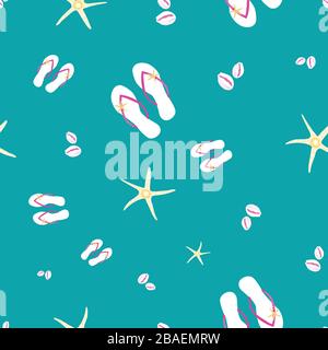 Flip Flop Schuh nahtloser Vektor-Muster Hintergrund. Stylische Sandalen, Seesterne, Cowrieshell im Überdruck. Aqua-Blau, Weiß, Goldfarbe. Hintergrund für Stock Vektor