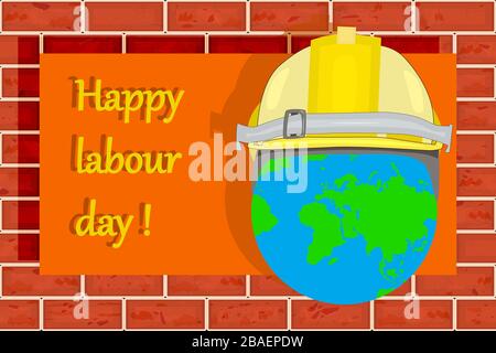 Fröhlicher Arbeitsalltag Vektor mit Händen, Erdkugel, Helm an roter Ziegelwand. Internationale Workers Day Illustration für Poster, Postkarten, Karten oder Banner Stock Vektor