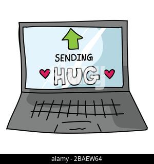 Senden von virtuellem Text zur Hug Corona Virus-Krise auf Laptop. Besiegt sars cov 2. Bleiben Sie Infografik zu Hause. Soziale Medien lieben. Meldung zur Unterstützung von Viren-Pandemie Stock Vektor