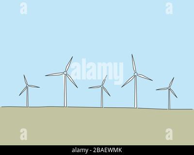 Windmühlen isolierte Linienzeichnung, Vektorgrafik-Design. Sammlung zum Klimawandel. Stock Vektor